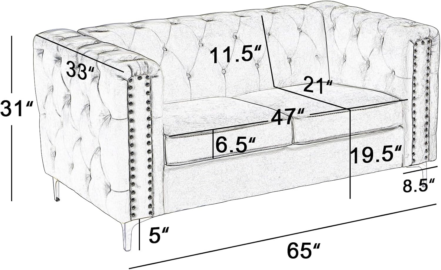 Sofá biplaza tapizado de terciopelo, moderno sofá copetudo de 2 plazas con cojín acolchado grueso para sala de estar, dormitorio o espacio pequeño,
