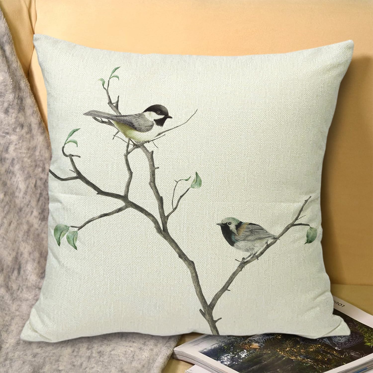 Fundas de almohada decorativas de lino de 18 x 18 pulgadas con diseño de pájaros en el árbol, funda de cojín para decoración de granja