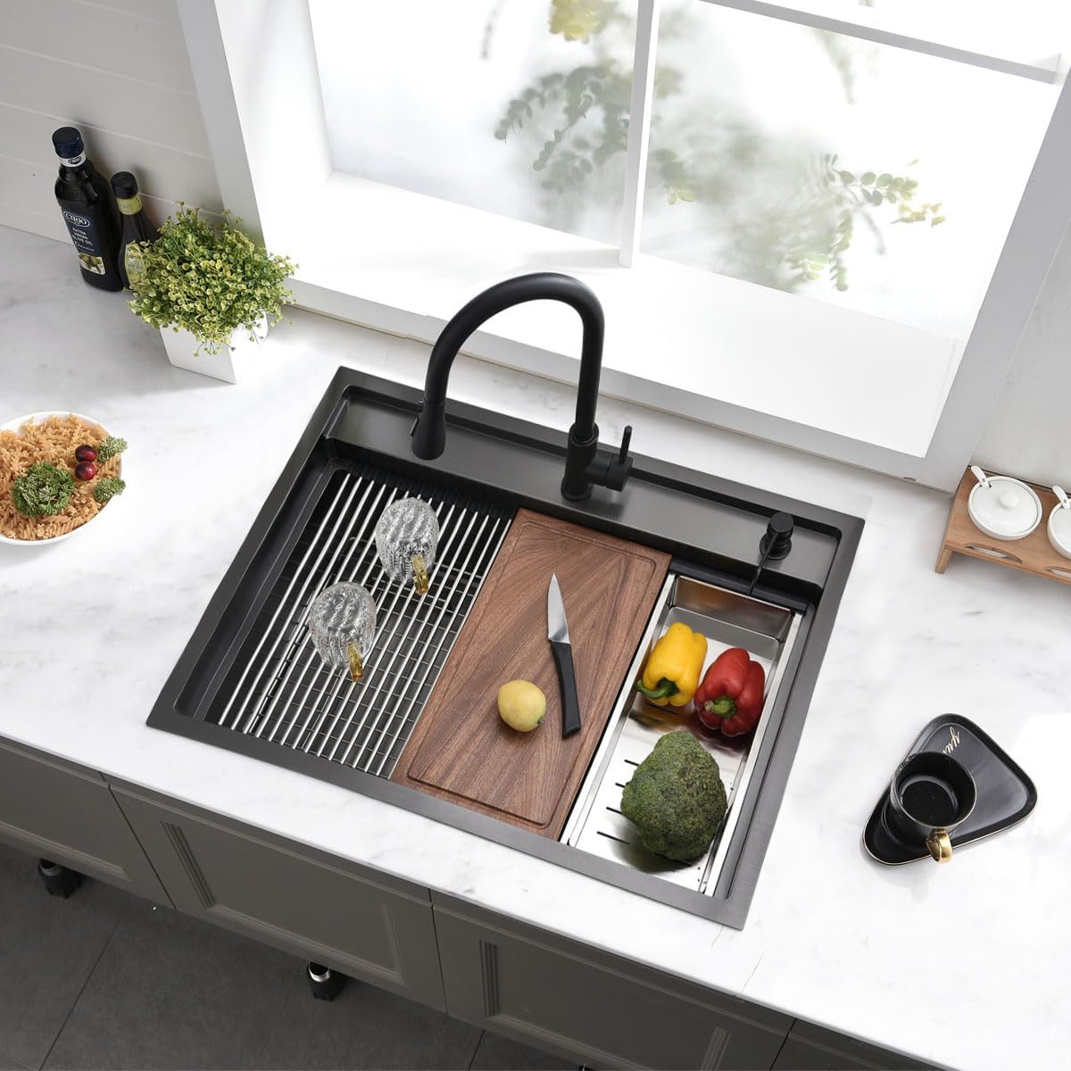 Fregadero de cocina de 28 pulgadas, con protección contra salpicaduras, color negro, fregadero de montaje superior, calibre 16, fregadero grande de