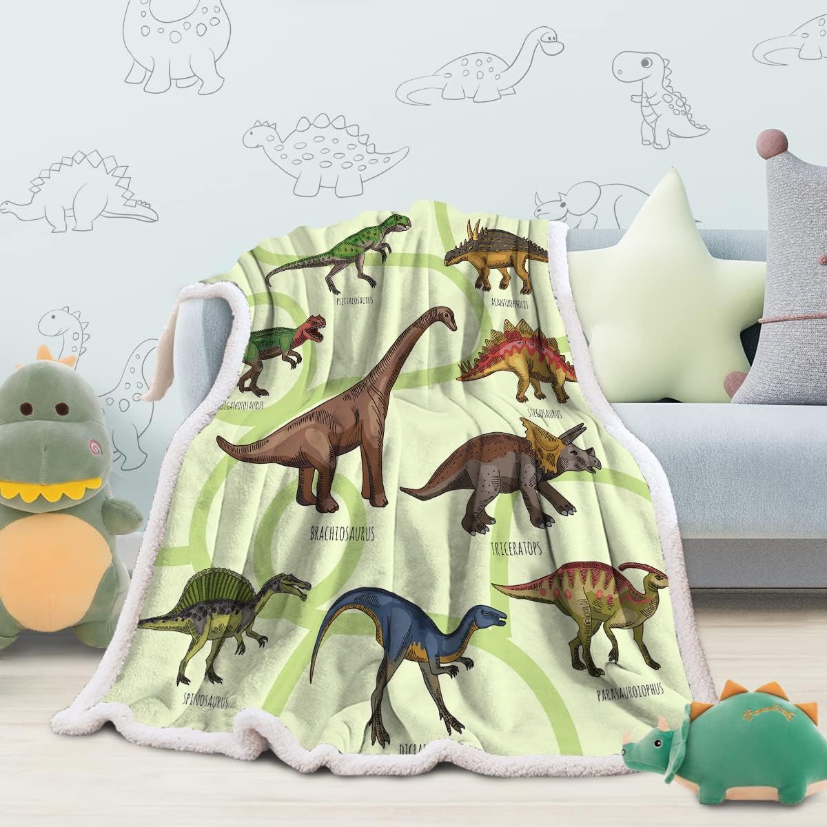 Sleepwish Manta de felpa de dinosaurio Sherpa para niños y niños, color verde, manta de forro polar suave de dinosaurio en acuarela, mullida,