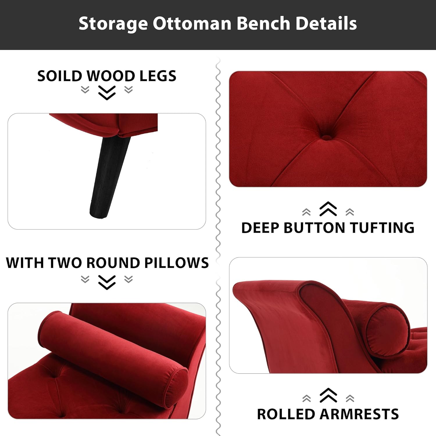 Banco de almacenamiento de terciopelo para dormitorio, color rojo, tapizado con botones, otomano, reposapiés, brazo enrollado, patas de madera maciza