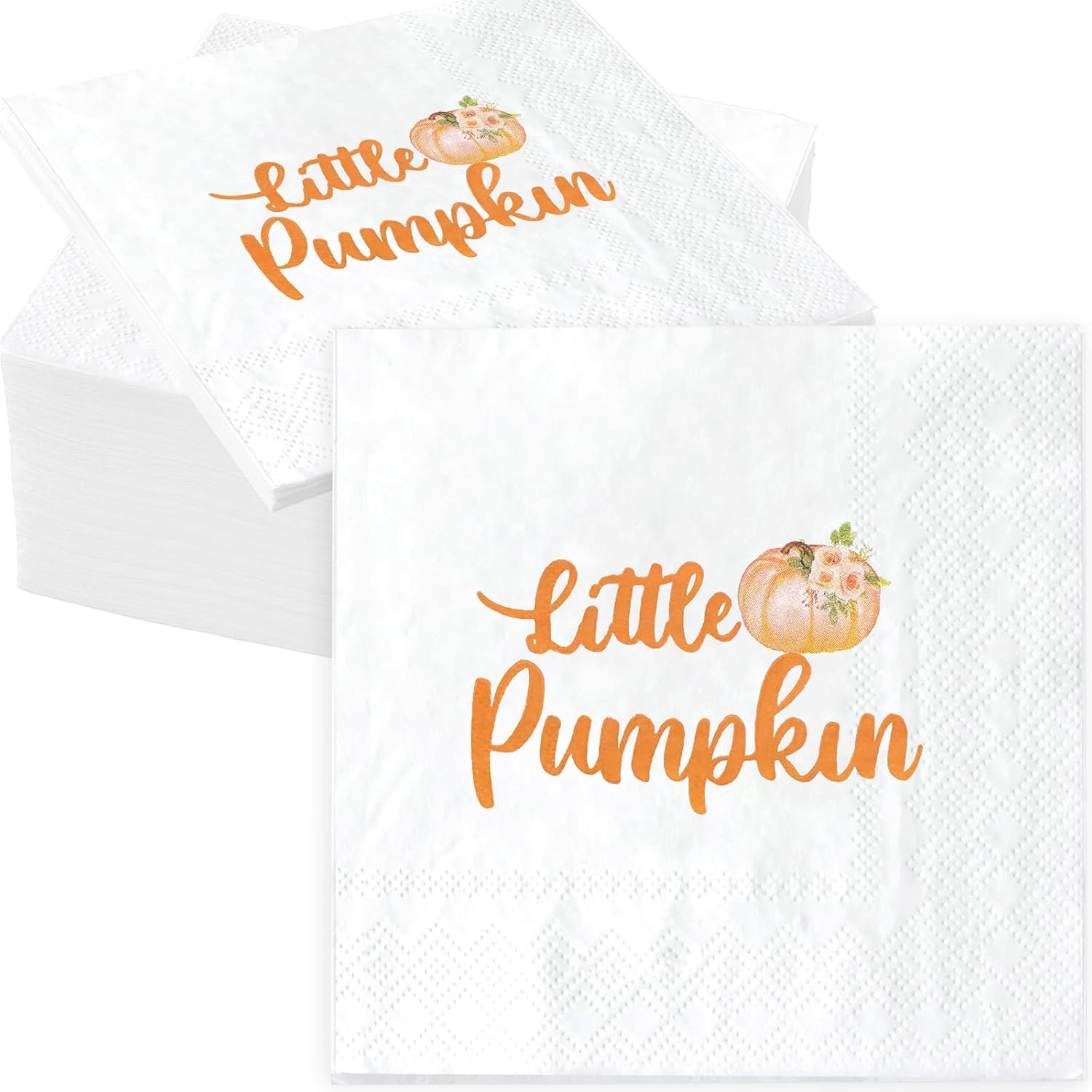 Servilletas de calabaza naranja de 6.5 x 6.5 pulgadas para otoño, cumpleaños, baby shower, ideas de vajilla con texto en inglés “What Will Little