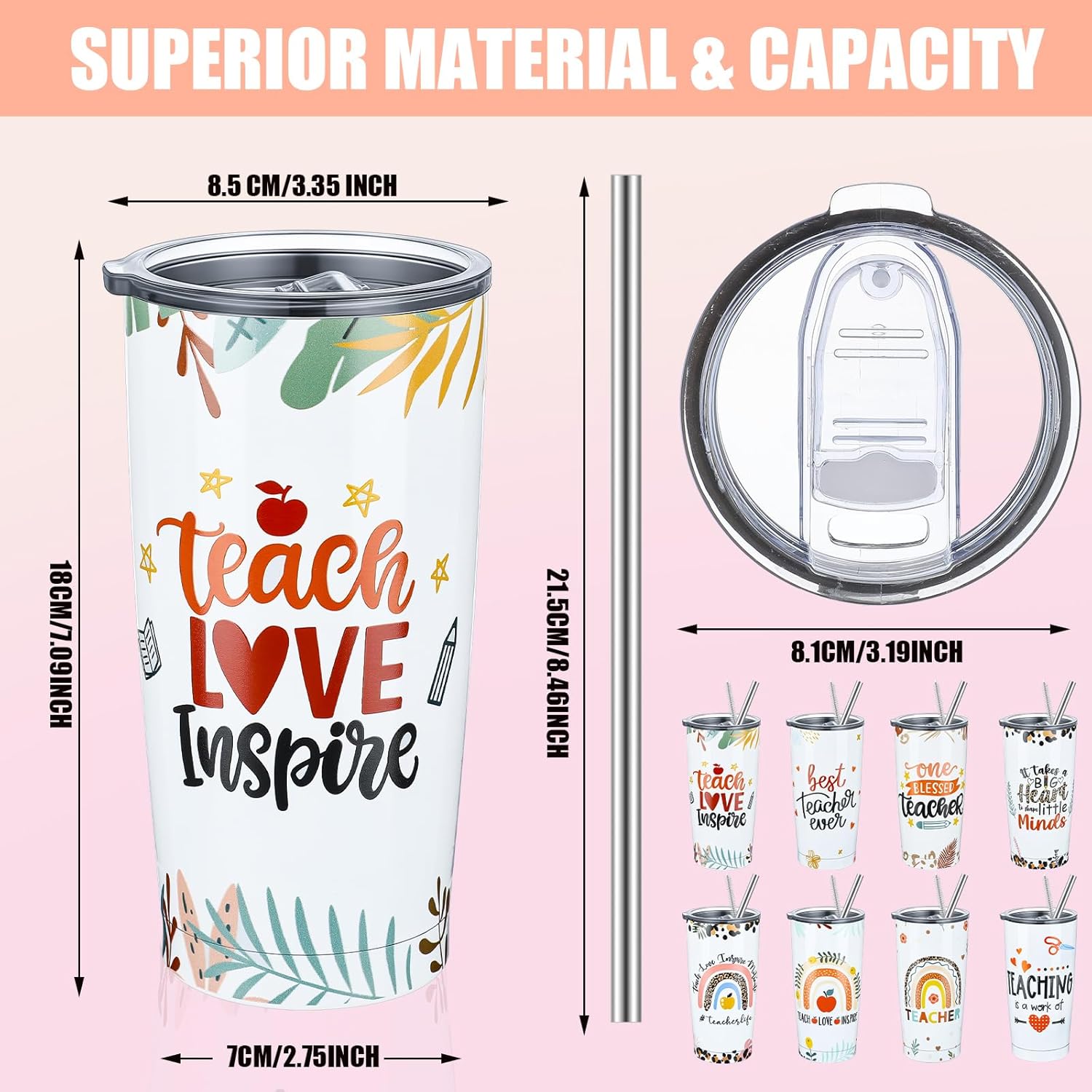 Paquete de 8 vasos de acero inoxidable de 20 onzas, regalos para profesores de estudiantes, adecuados para mujeres, tazas de agradecimiento, ideas