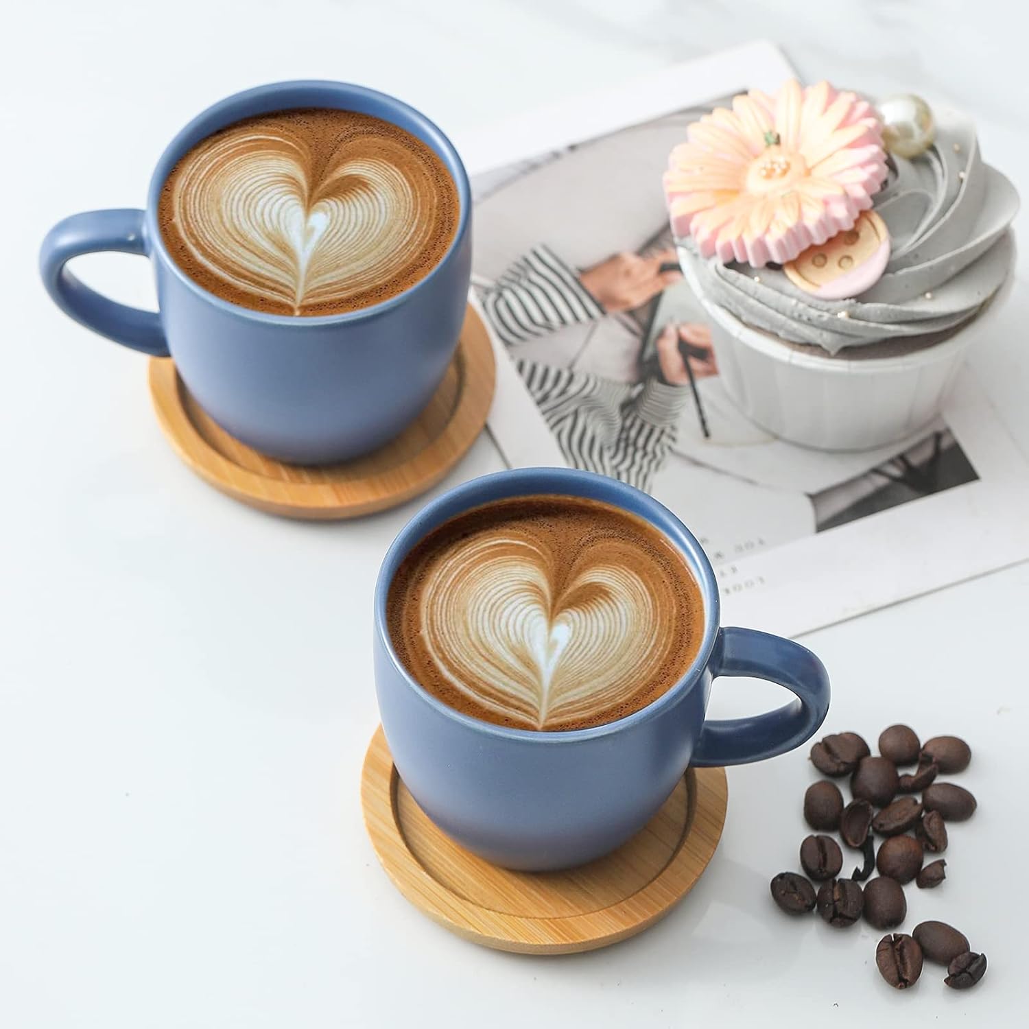Hasense Juego de 6 tazas y platillos de expreso, tazas Demitasse con asa para bebidas de café, café con leche, capuchino, café moca y té, tazas de