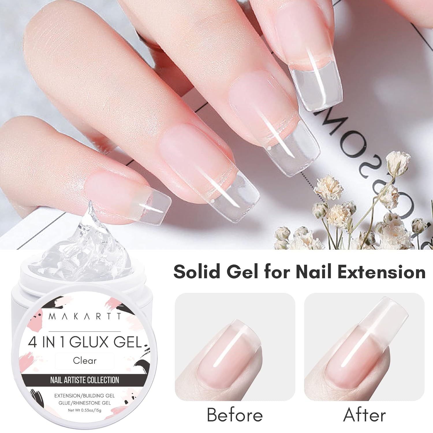 Makartt 4 en 1 Glux Gel Clear Solid Nail Extension Gel Constructor de Uñas Gel Constructor de Uñas de 0.5 fl oz UV Paquete de pegamento de uñas con