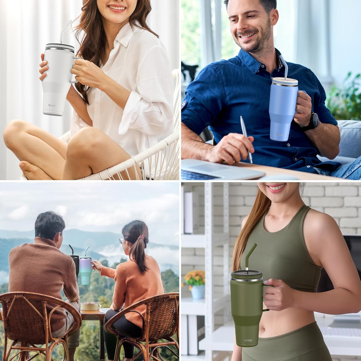Sursip Vaso de 40 onzas con asa y tapa con pajilla, de acero inoxidable aislado al vacío, para café, viaje, mantiene las bebidas frías hasta 24
