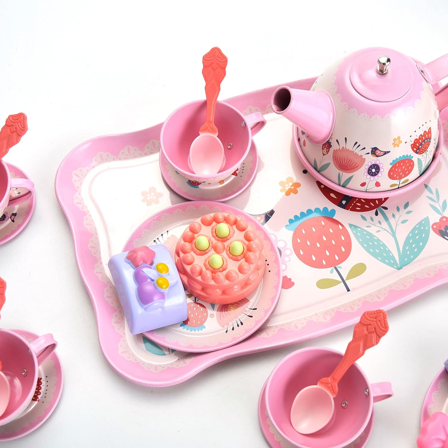 PowerTRC Juego de 48 piezas de fiesta de té de princesa para niños, juego de té de lujo que incluye postres, galletas, aperitivos, tetera, tazas y