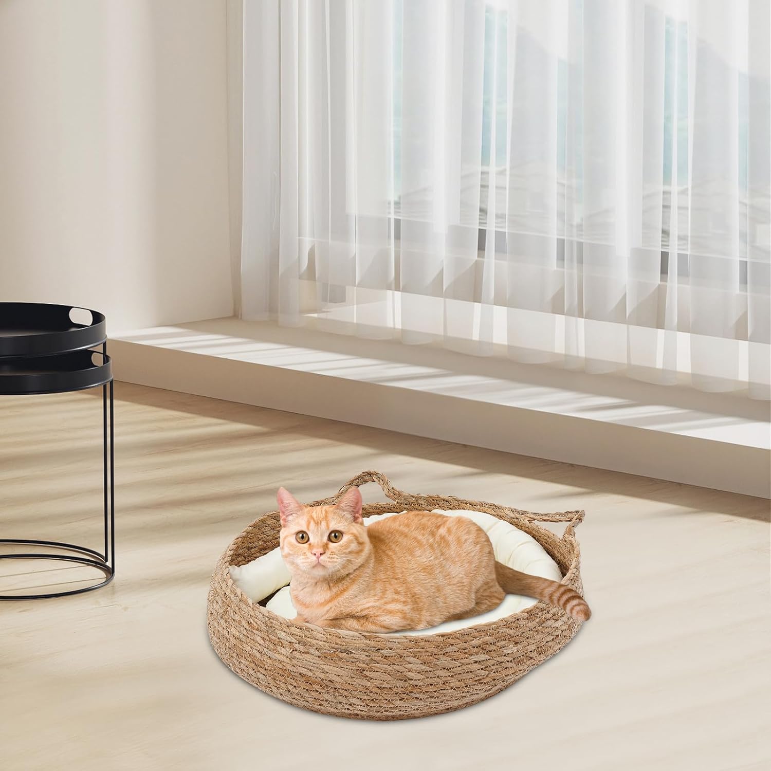 LUGBING Cama tejida suave para gatos, 16.9 pulgadas, cómodo rascador para gatos con cojín, almohada y alfombrilla de bambú, nido de dormir