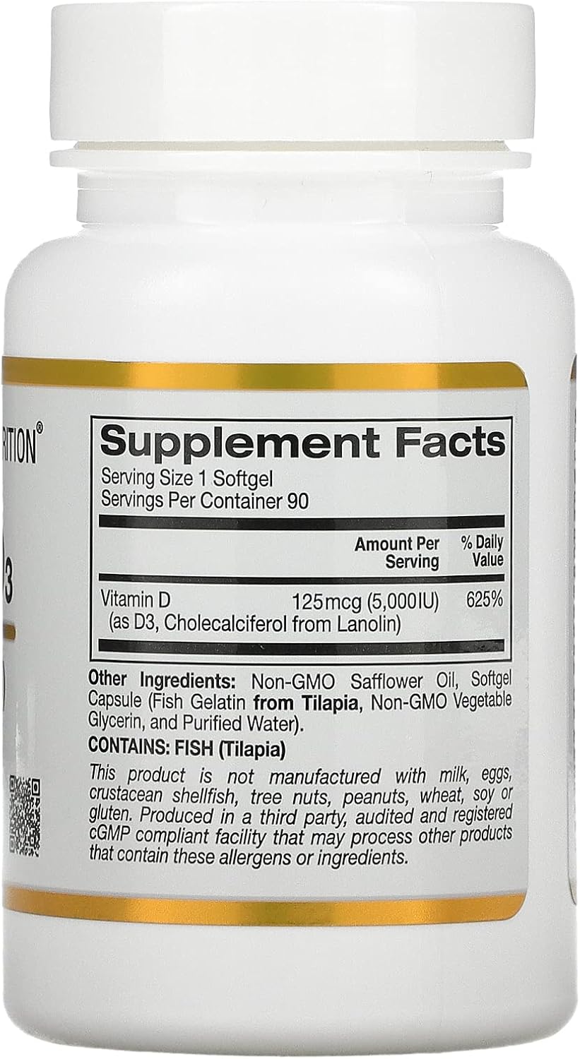 Suplemento de vitamina D3 de California Gold Nutrition  Apoyo para huesos y dientes saludables  Apoyo al sistema inmunológico  Sin gluten, sin OMG