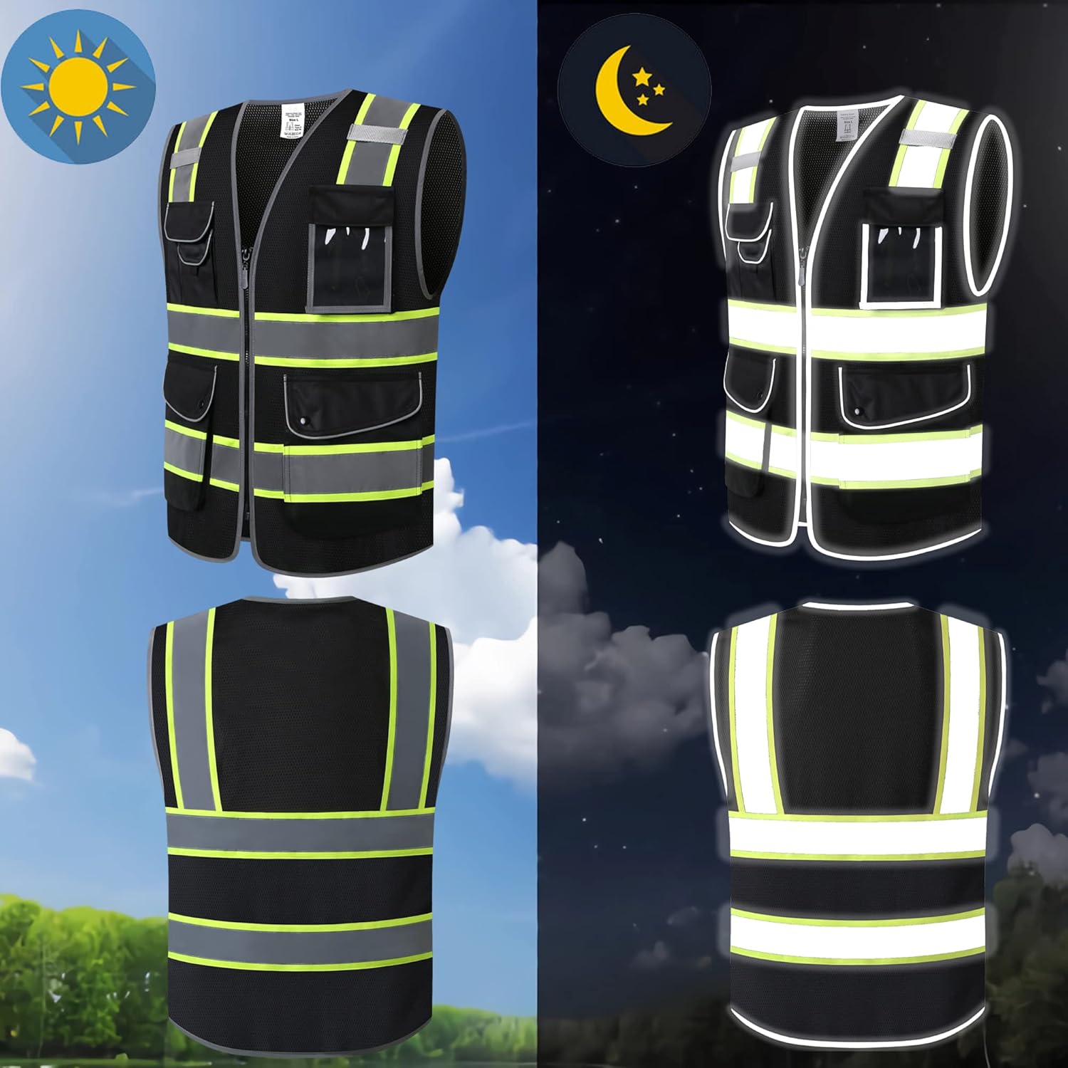 Ekkosafety Chaleco de seguridad de malla reflectante de alta visibilidad para hombres y mujeres, con 9 bolsillos y cremallera frontal, ropa de
