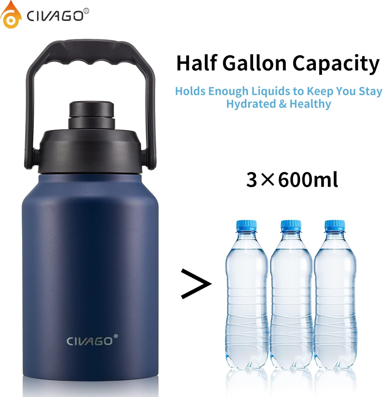CIVAGO Jarra de agua aislada de medio galón con asa, frasco de agua deportivo de acero inoxidable de 64 onzas, gran cantimplora de metal, leopardo