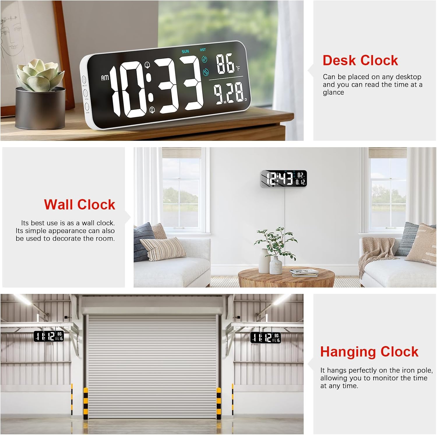 Deeyaple Reloj de pared digital, pantalla LED de 14.6 pulgadas, pantalla grande, fecha, temperatura, 1224 horas, control remoto, 10 brillo