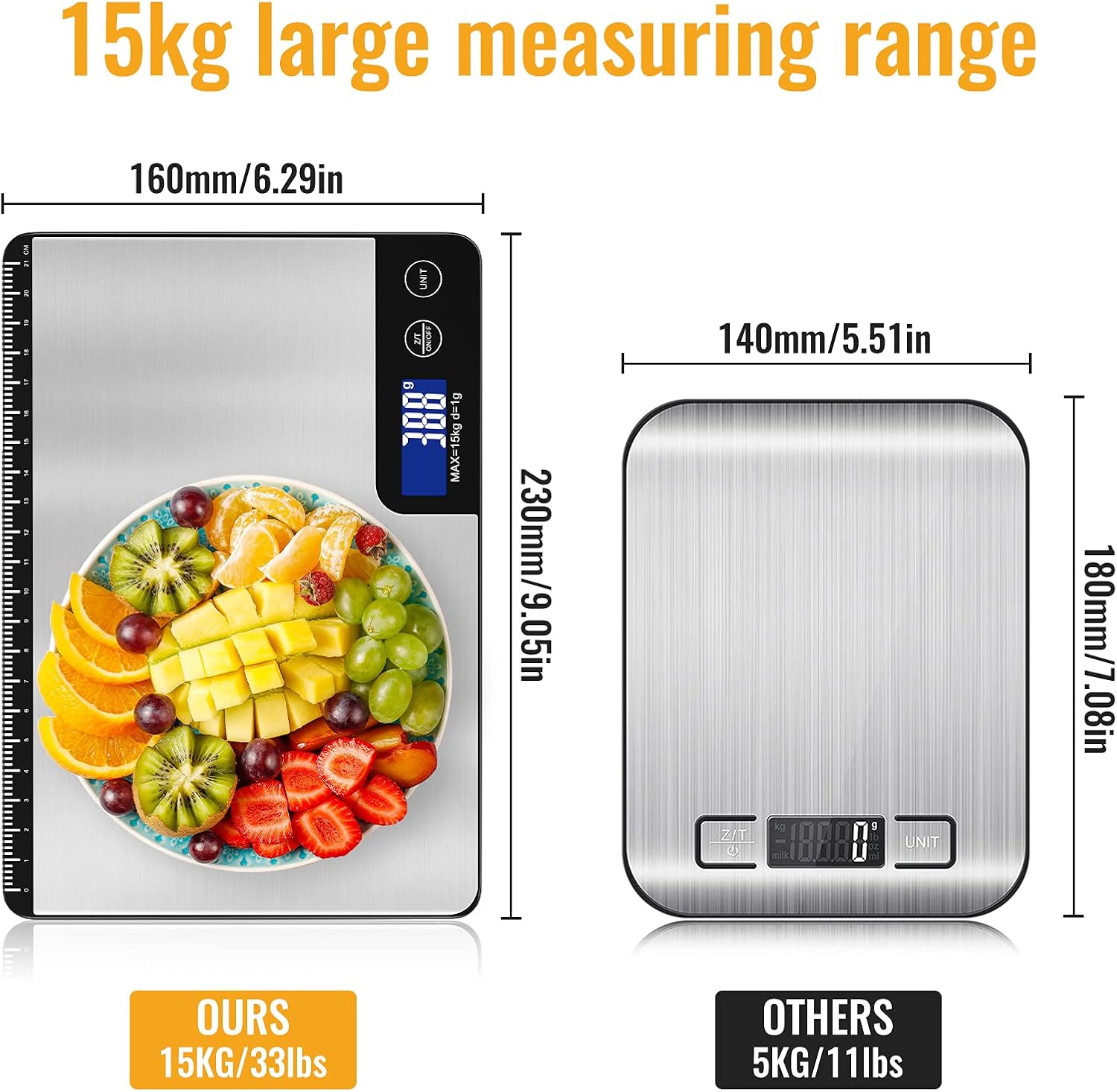 Báscula digital de cocina de 33 libras, área de pesaje grande, báscula electrónica profesional de alimentos, báscula doméstica de acero inoxidable,