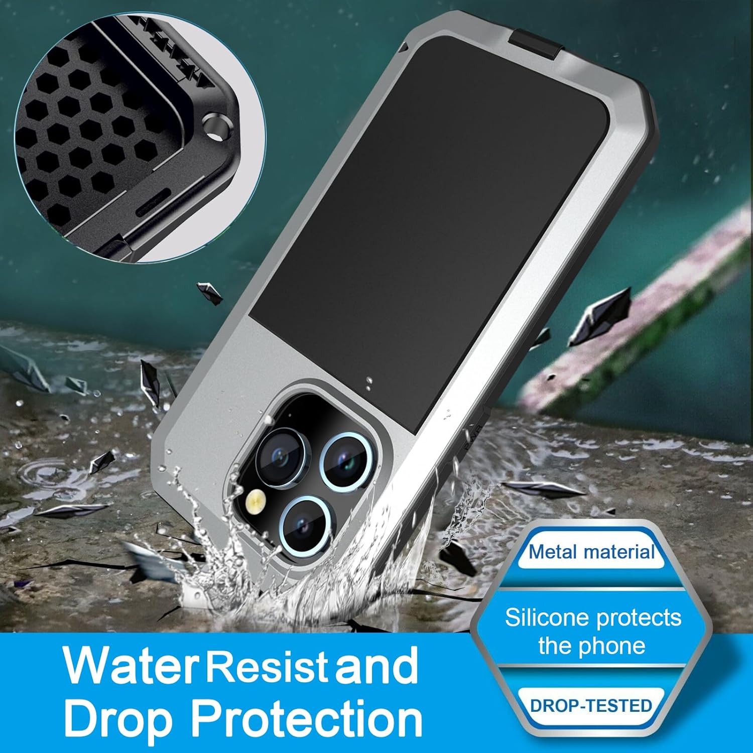 Marrkey Compatible con iPhone 15 Pro Max, funda protectora de cuerpo completo 360, resistente a los golpes Armadura resistente Funda de metal de
