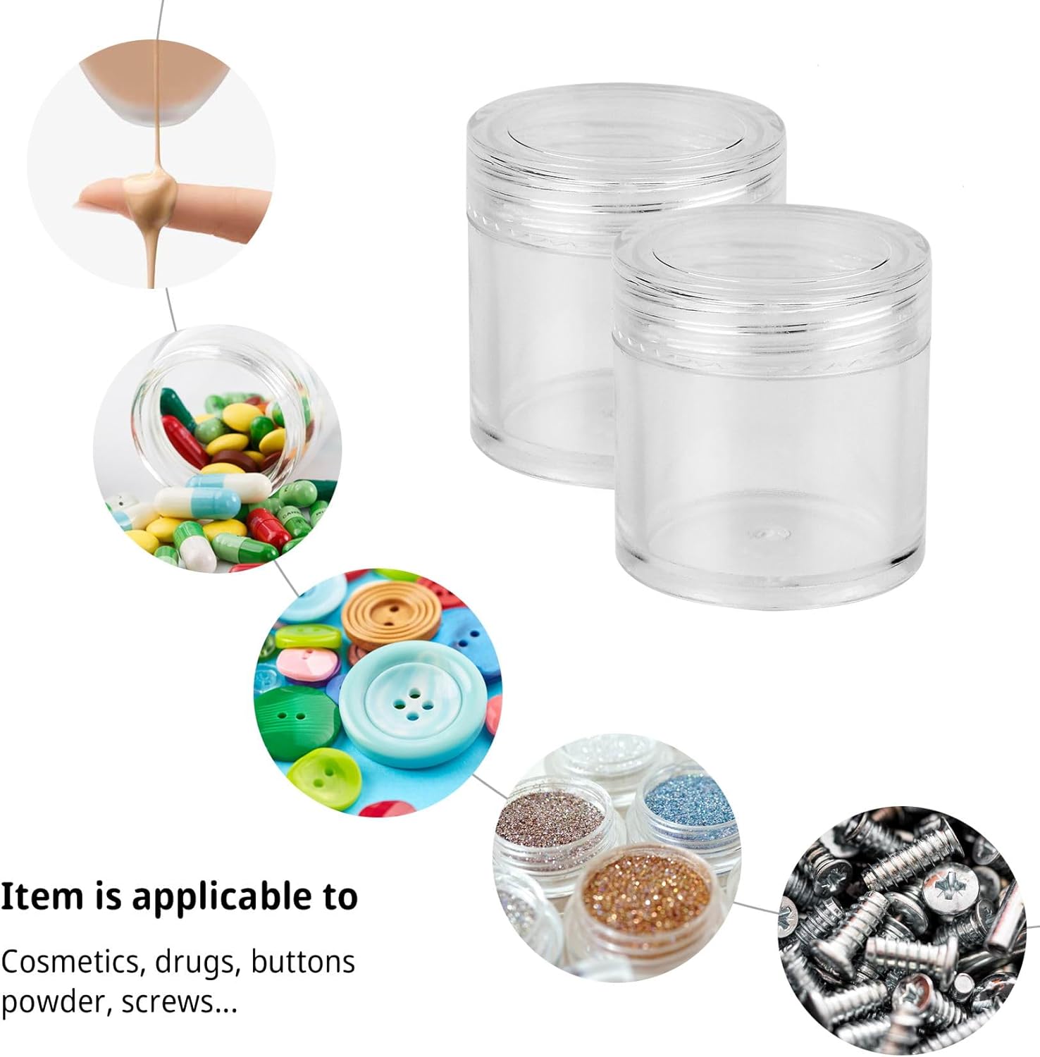 60 frascos redondos cosméticos vacíos de 0.35 oz, ollas de muestra, ollas de viaje con espátula para cosméticos, polvo de uñas, cuentas, diamantes