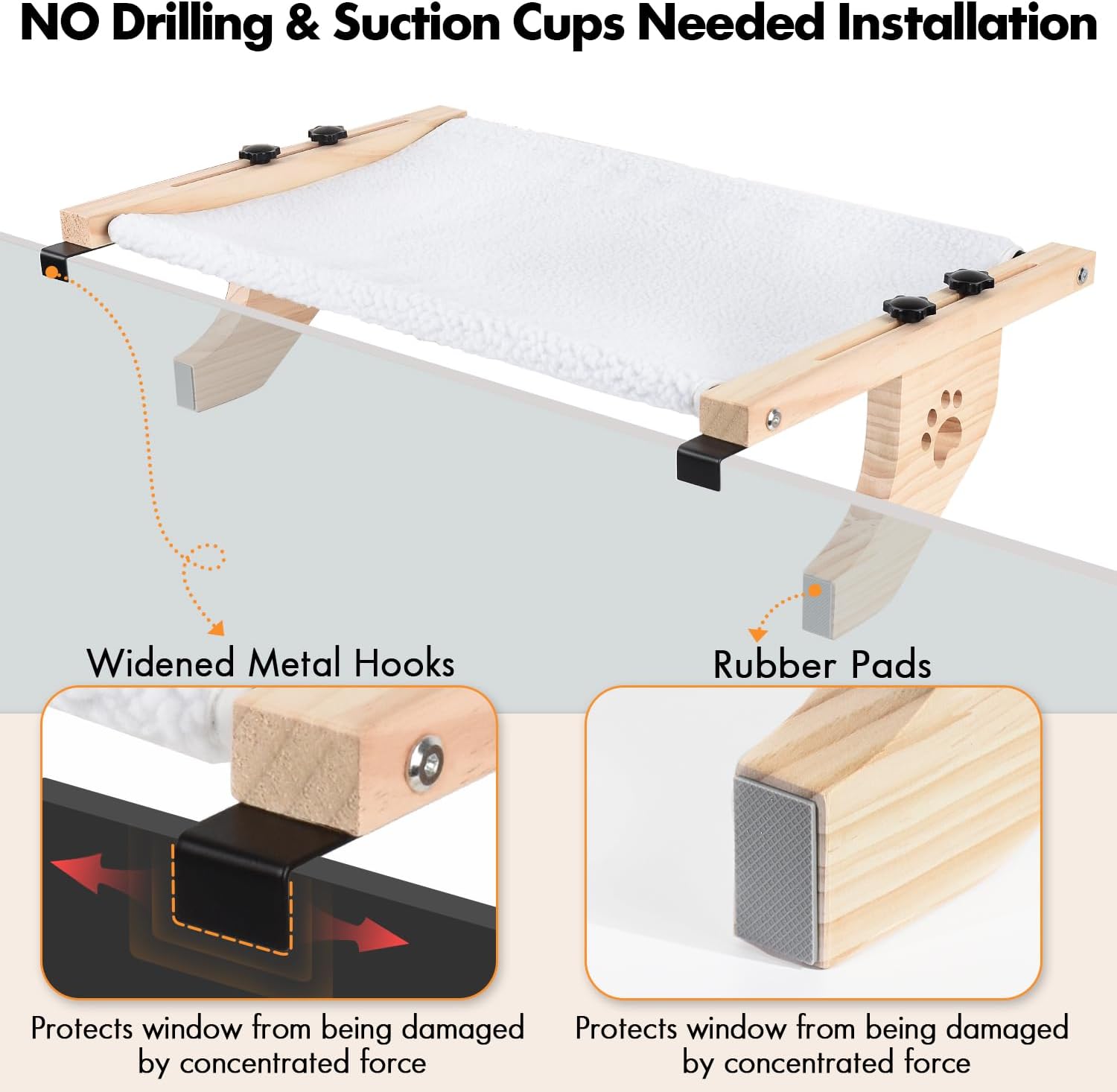 AMOSIJOY Percha para ventana de gato resistente con marco de madera y metal para gatos grandes, cama para gatos grandes fácil de ajustar para