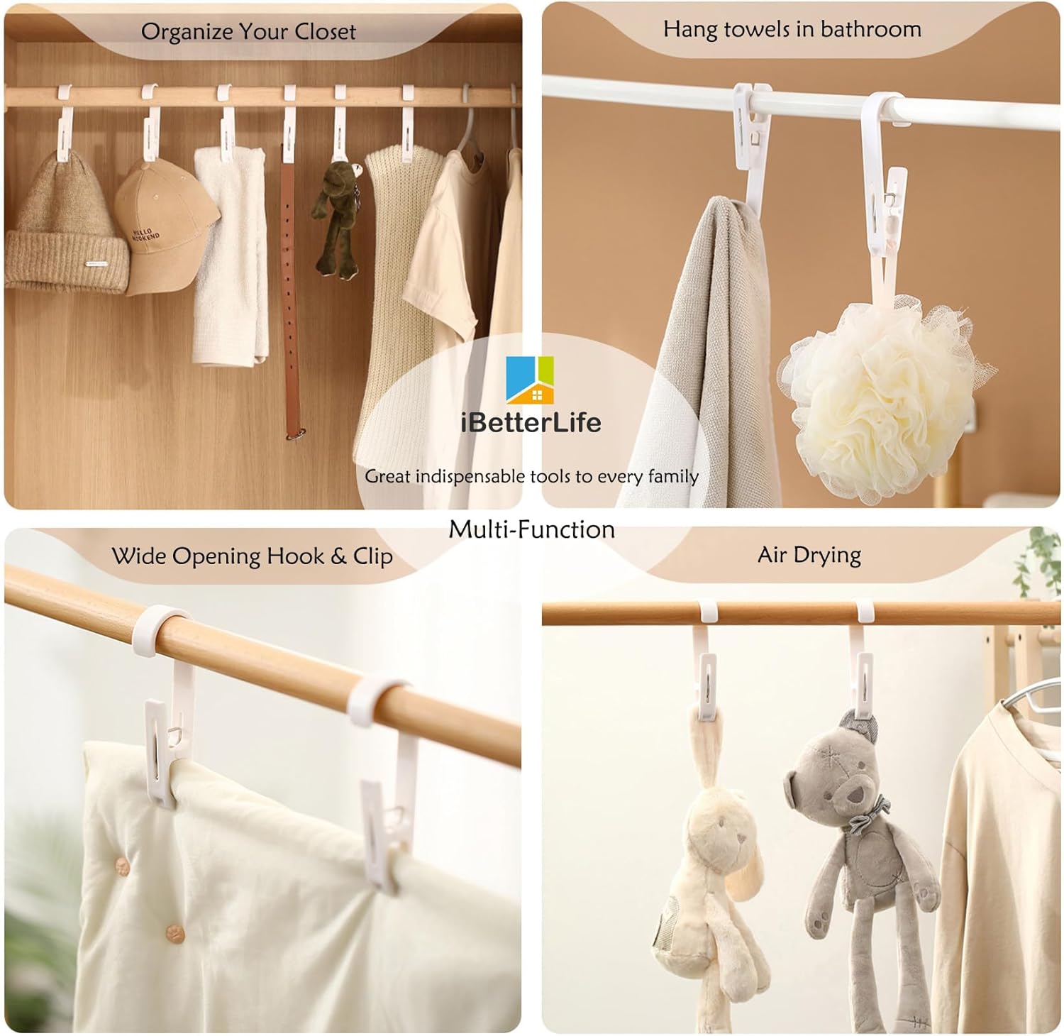 iBetterLife Alfileres de ropa resistentes para exteriores, 8 ganchos grandes para ropa sucia con clips, abrazaderas organizadoras de armario,