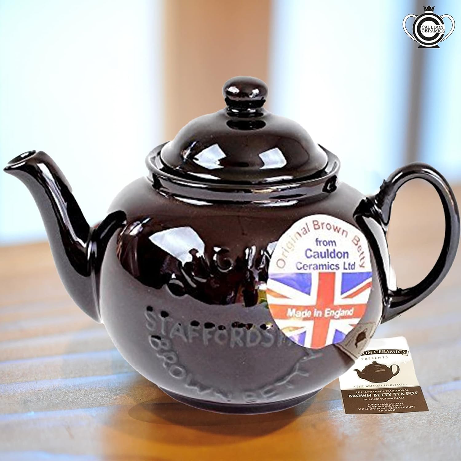 Cauldon Ceramics Classic Brown Betty Tea Pot  Tetera Betty marrón de 4 tazas hecha a mano con logotipo, fabricada con arcilla roja Staffordshire,