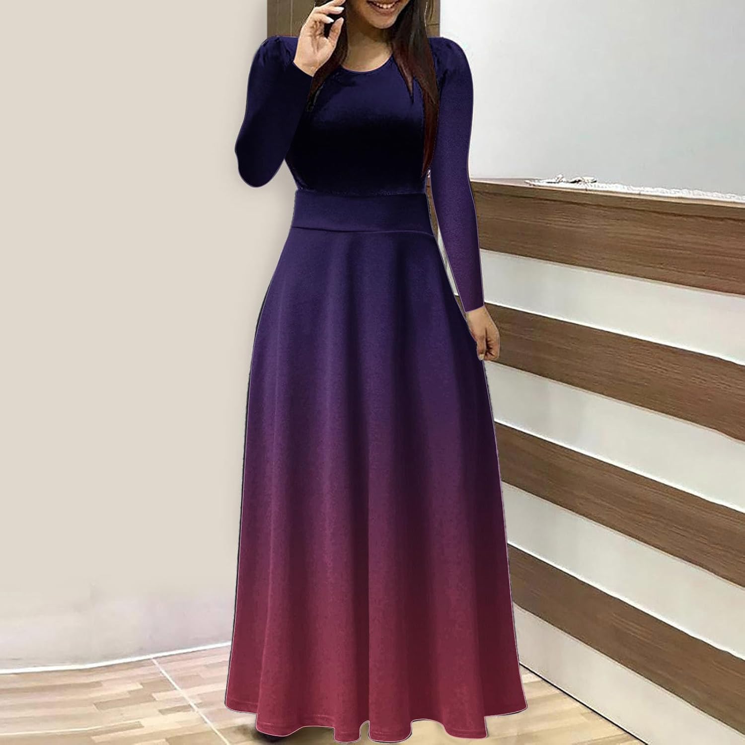 Maxi vestidos para mujer, vestido de manga larga 2023, casual, cuello redondo, estampado floral, retazos, vestidos de graduación sueltos