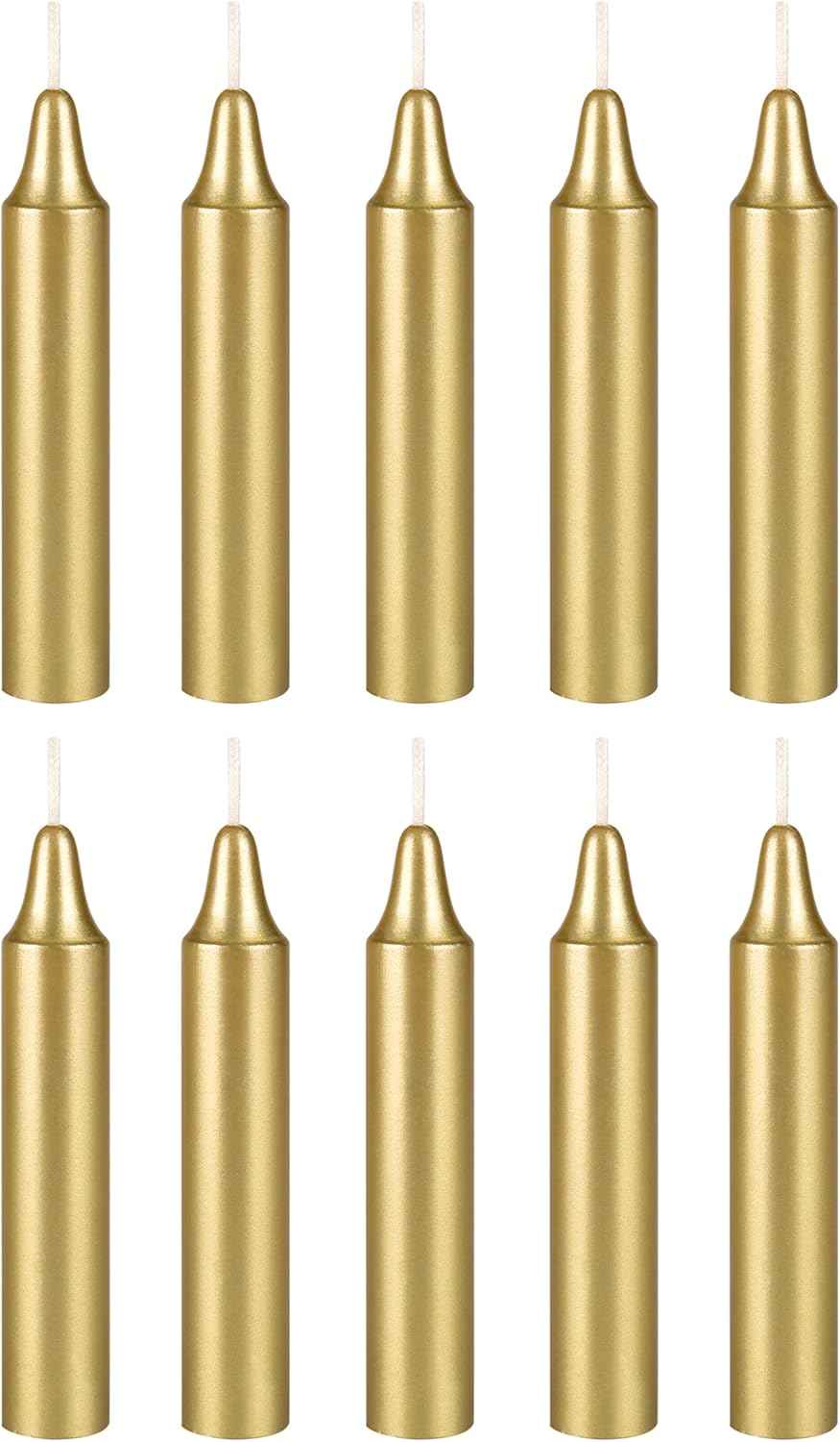 Mega Candles 10 mini velas cónicas doradas sin perfume, 4 pulgadas de alto x 34 pulgadas de diámetro, campanadas supremas, encanto, rituales,
