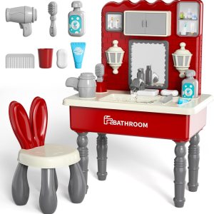 Lucky Doug Juguetes de fregadero de juguete para niños, lavabo de baño con agua corriente, juego de tocador con espejo y taburete para niñas de 3, Lucky Doug Juguetes de fregadero de juguete para niños, lavabo de baño con agua corriente, juego de tocador con espejo y taburete para niñas de 3,