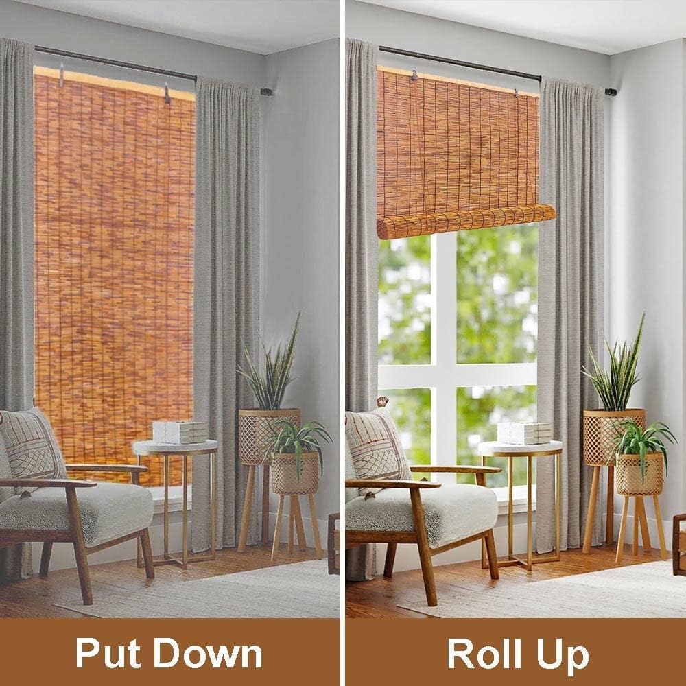 Persianas enrollables de bambú de 18, 22, 28, 32, 36, 40, 44, 48, 60, 72, 78 pulgadas, para exteriores, con elevador, sin cordón, persianas de bambú