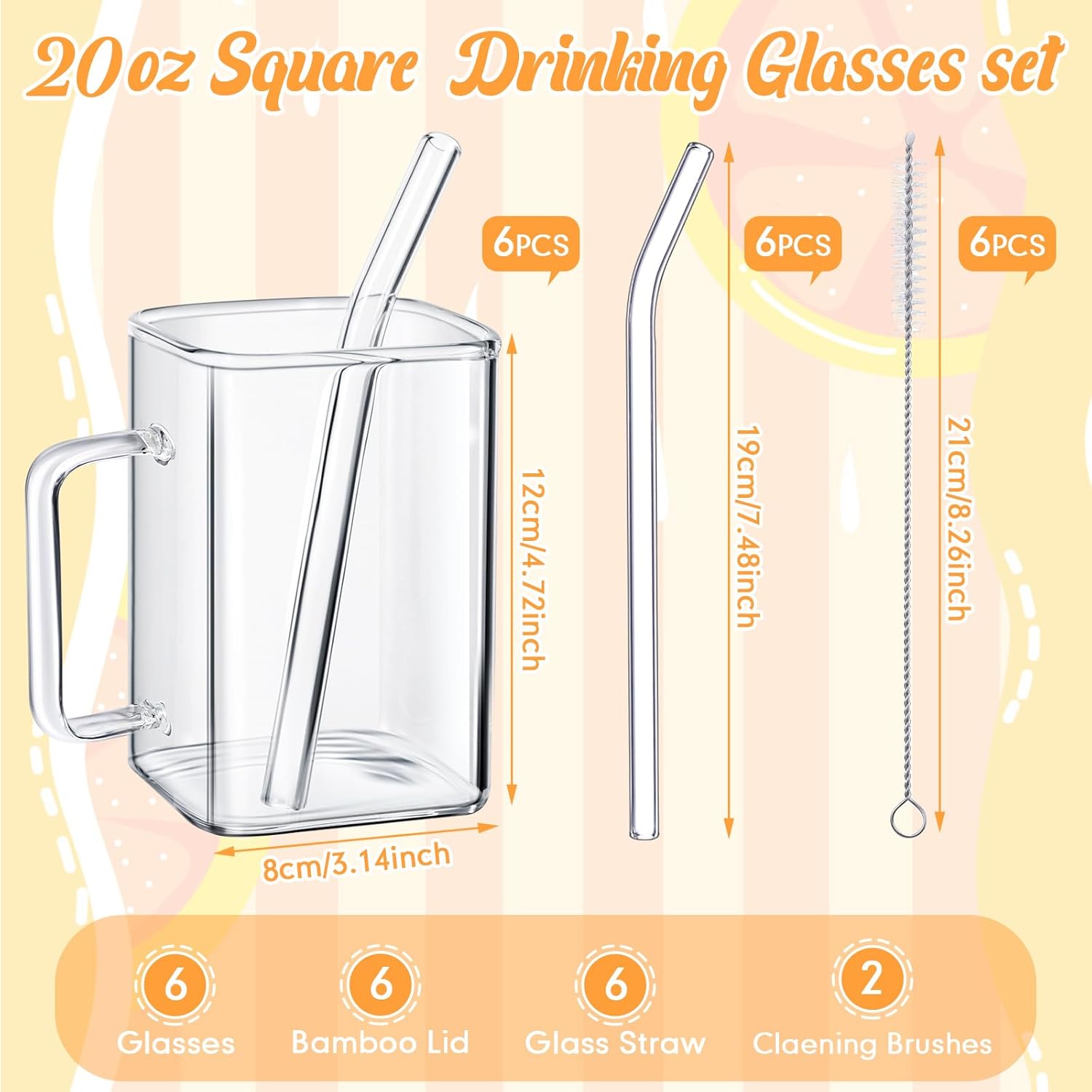 Gejoy 6 tazas cuadradas de vidrio con pajitas, vasos de cóctel finos y bonitos, vasos de café helado portátiles con asa y cepillos para pajilla,