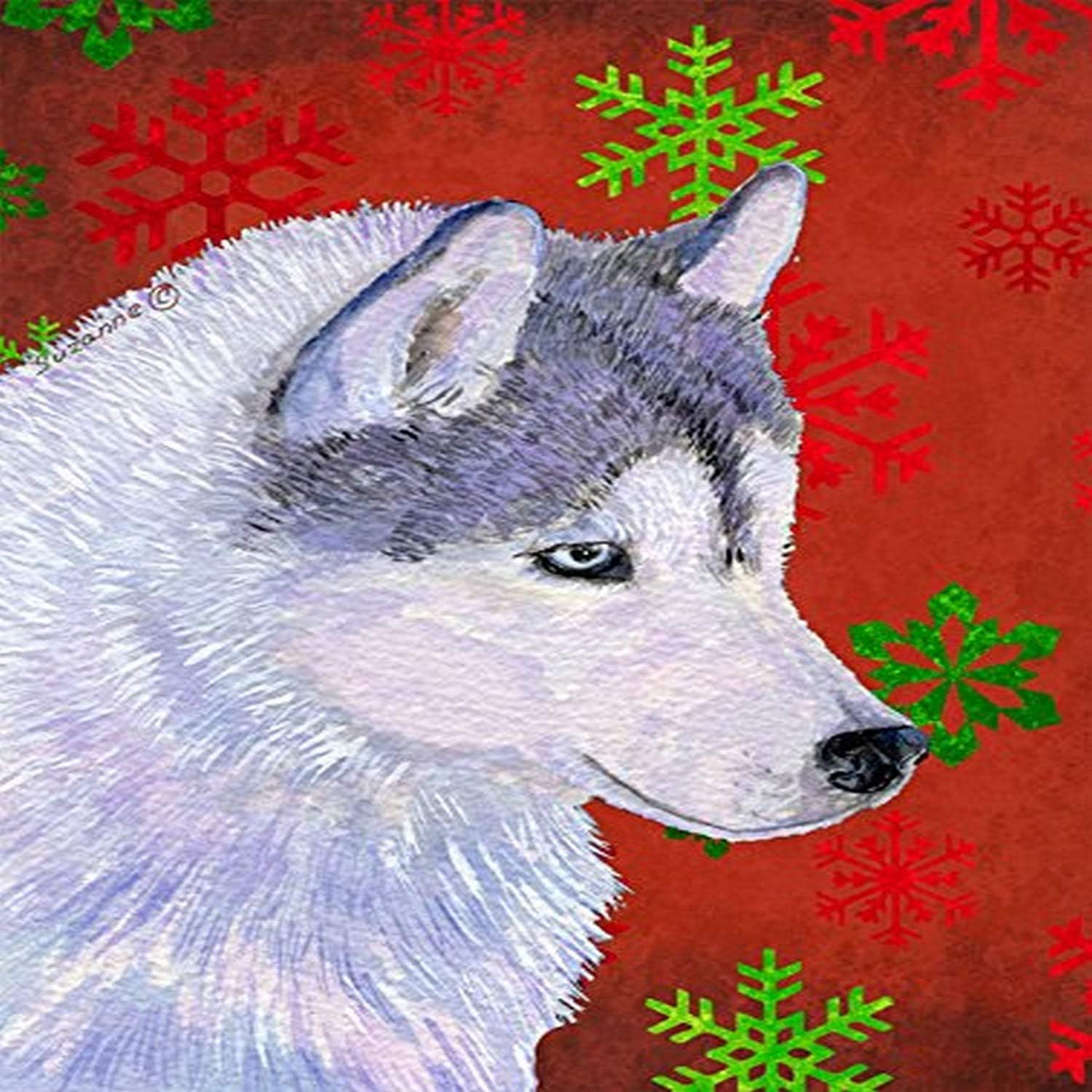 Caroline’s Treasures SS4671GF Bandera de jardín de Navidad con diseño de husky siberiano rojo y verde copo de nieve, bandera decorativa para patio,