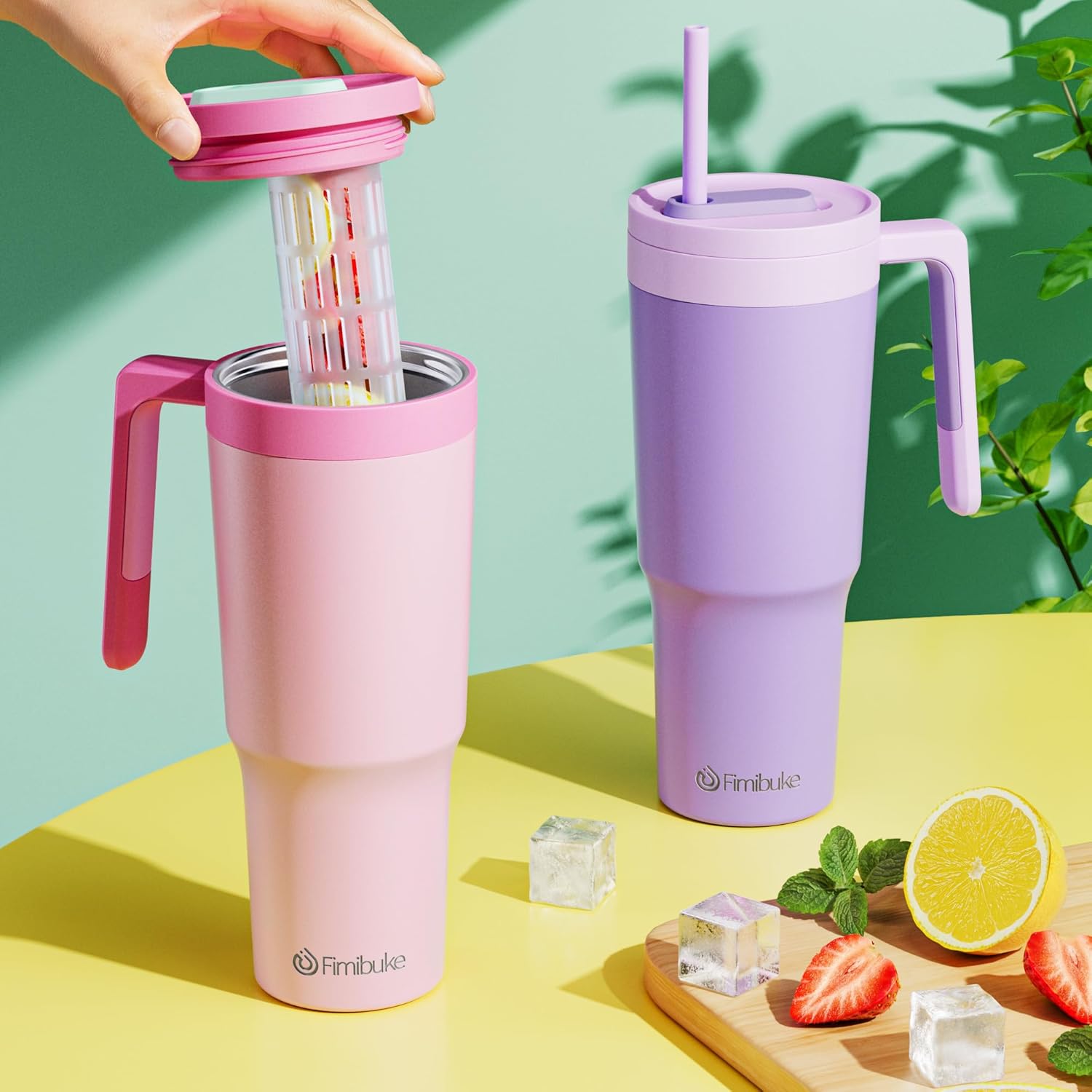 Fimibuke Vaso de 40 onzas con asa e infusor de frutas, taza aislada al vacío de acero inoxidable con tapa y pajilla, botella de infusión de agua,