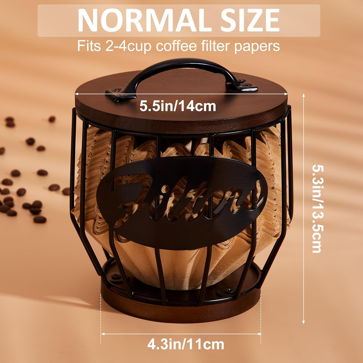 Yangbaga Soporte para filtro de café con tapa de madera, cesta de almacenamiento de filtro de café de madera y metal para filtros de café de 2 a 4