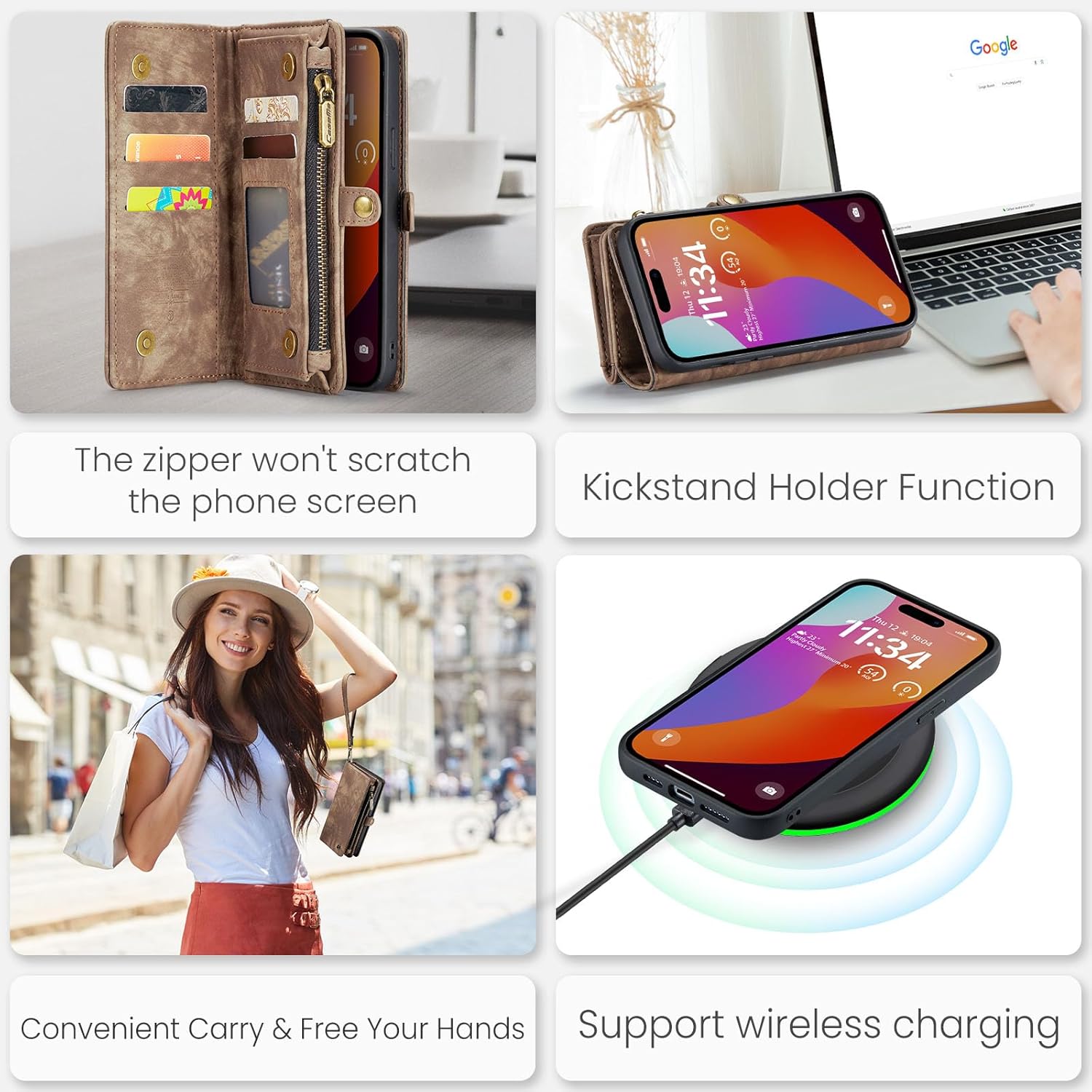 Kowauri Funda tipo cartera para iPhone 15 Pro Max, con cremallera, de piel con tarjetero y correa para la muñeca, desmontable, magnética, a prueba