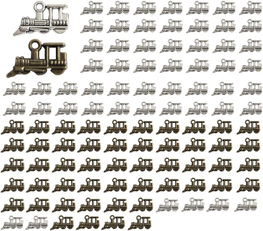 Opexicos 100 dijes de tren y motor de tren, tono plateado envejecido, 3D, 0.591 x 0.591 in, accesorios hechos a mano para manualidades