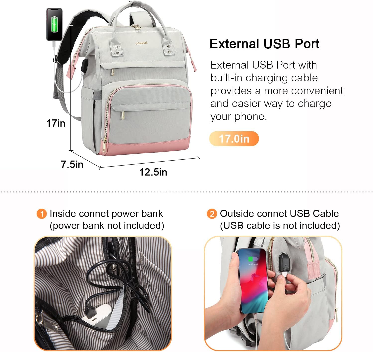 LOVEVOOK Mochila para laptop para mujer, mochila de viaje de 17 pulgadas, bolsa de libros para enfermeras, escuela, profesores, gris claro, rosa