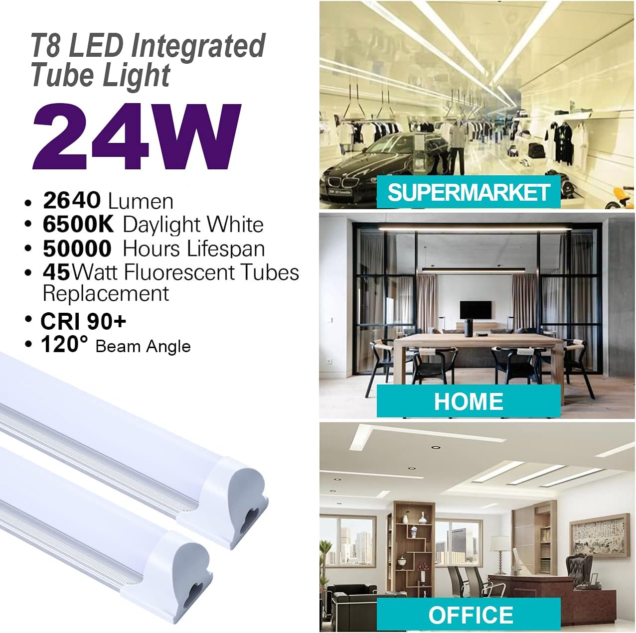 Paquete de 8 lámparas LED T8 de 4 pies para tienda, 24 W, 4 pies, tubo integrado, cubierta lechosa, 6000 K, luz diurna de una sola tira para