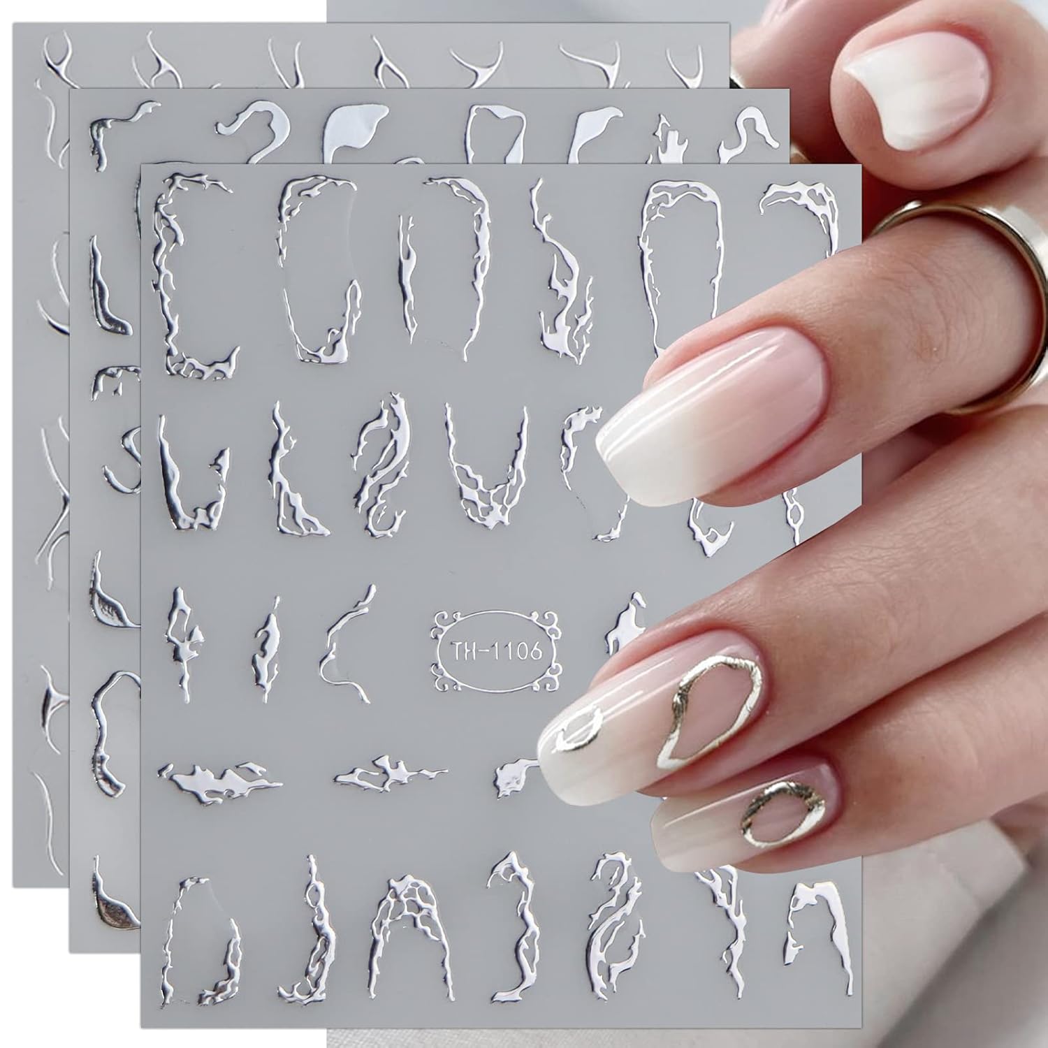 JMEOWIO 9 hojas de calcomanías de arte de uñas de línea de mármol, calcomanías autoadhesivas para uñas, suministros de uñas plateadas, accesorios de