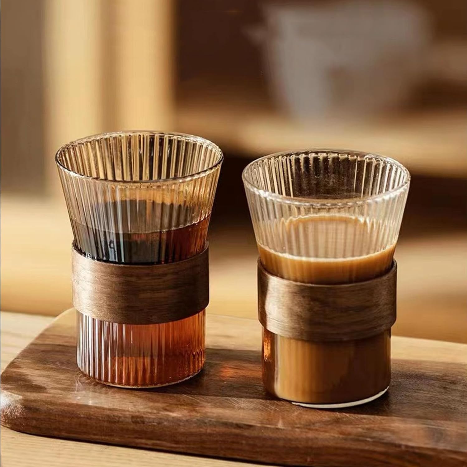 Taza de café de vidrio de 11 oz con anillo antideslizante de madera, apto para moca de boca ancha, café con leche, capuchino hielo caliente (4