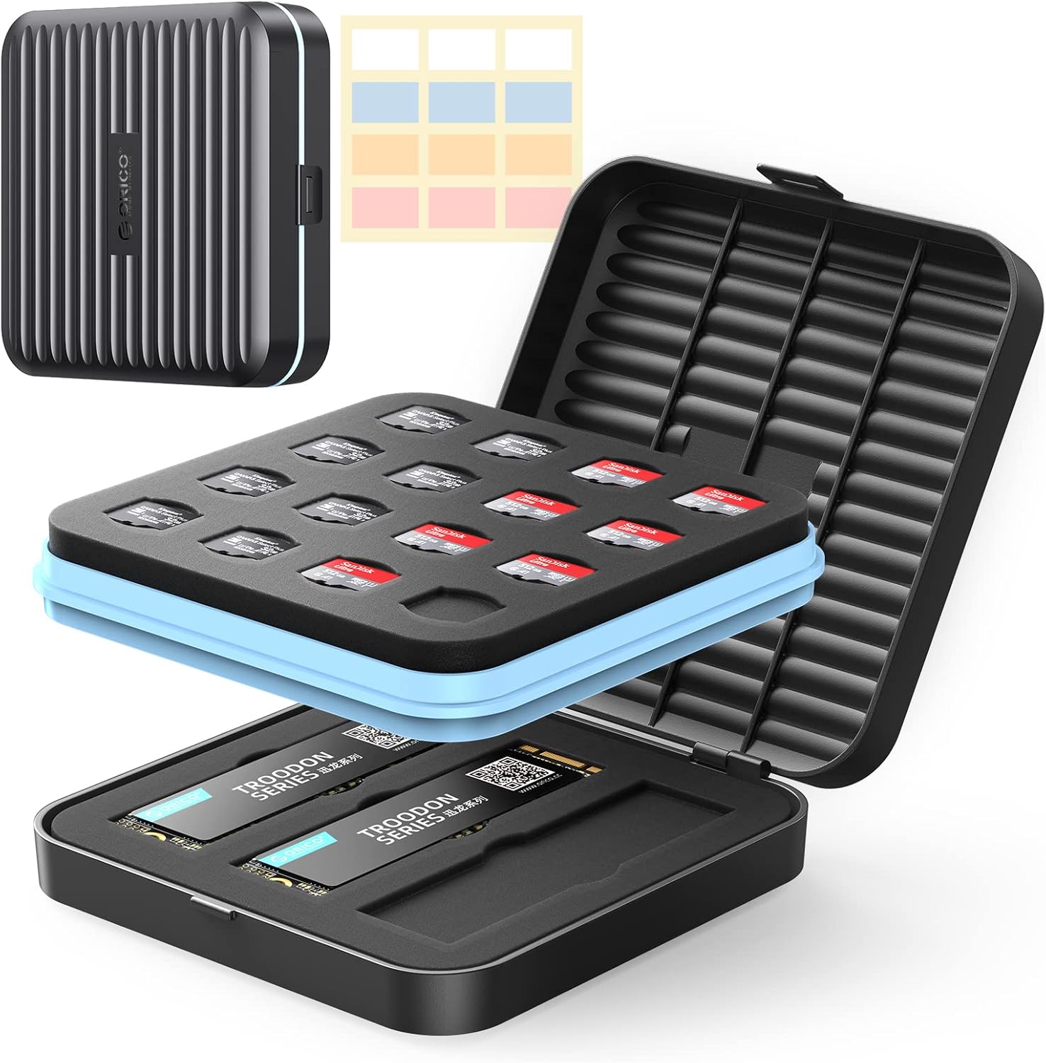 ORICO Soporte para tarjetas SD, 15 ranuras de almacenamiento para tarjetas SD de 6 TF + 6 tarjetas SD + 3 SSD M.2, resistente al agua, antigolpes y