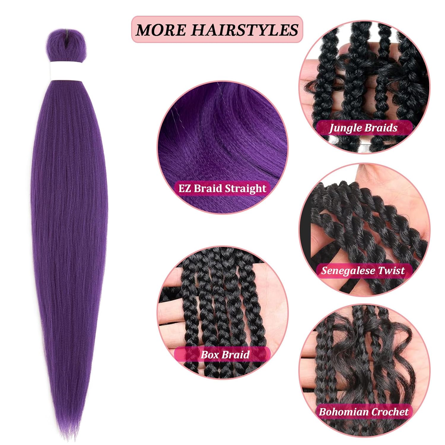 Extensiones de cabello trenzado de color morado para trenzar, caja trenzada, preestirado, preestirado, 26 pulgadas, 8 paquetes de 8 paquetes de
