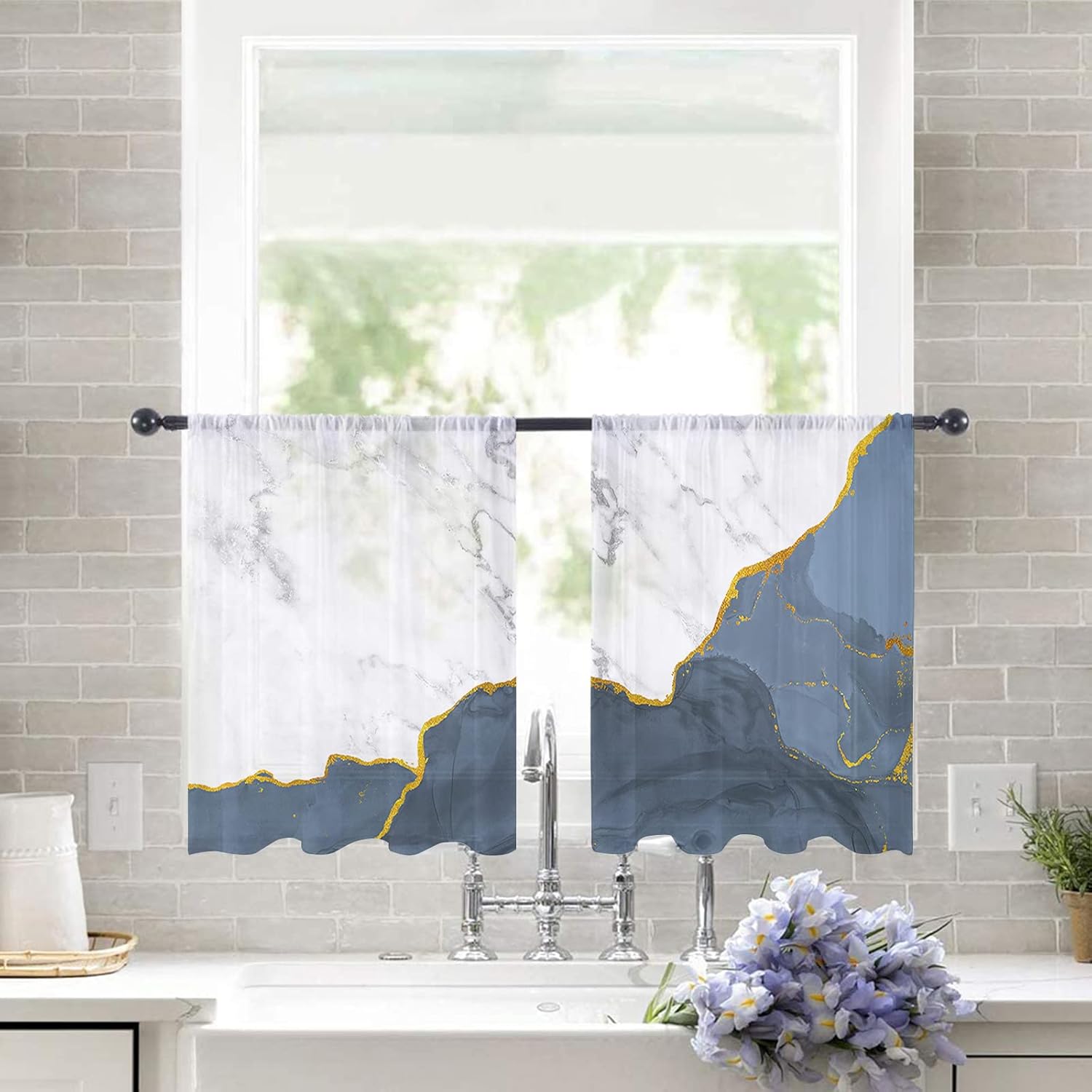 Sheer Curtains 54 Inch Long Blue White Marble Golden Lines Marble Abstract Art Modern Rod Pocket Voile Semi-Sheer Window Treatment Drapes for