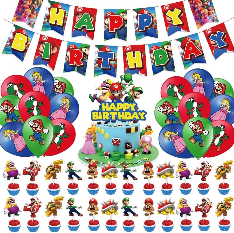Suministros de fiesta de Super Brother, decoración de fiesta de cumpleaños con temática de Mario incluye pancarta, telón de fondo, globos,