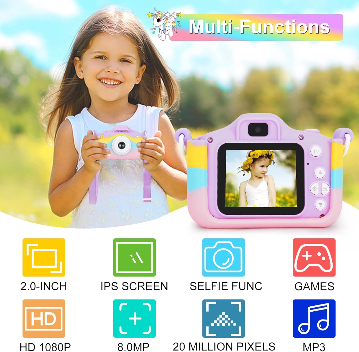 Unicorn Kids Camera for Girls, Christmas Birthday Gifts for Girls Age 3-8, HD Selfie Digital Video Camera for Toddler, Cute Toy Camera with 32GB SD
