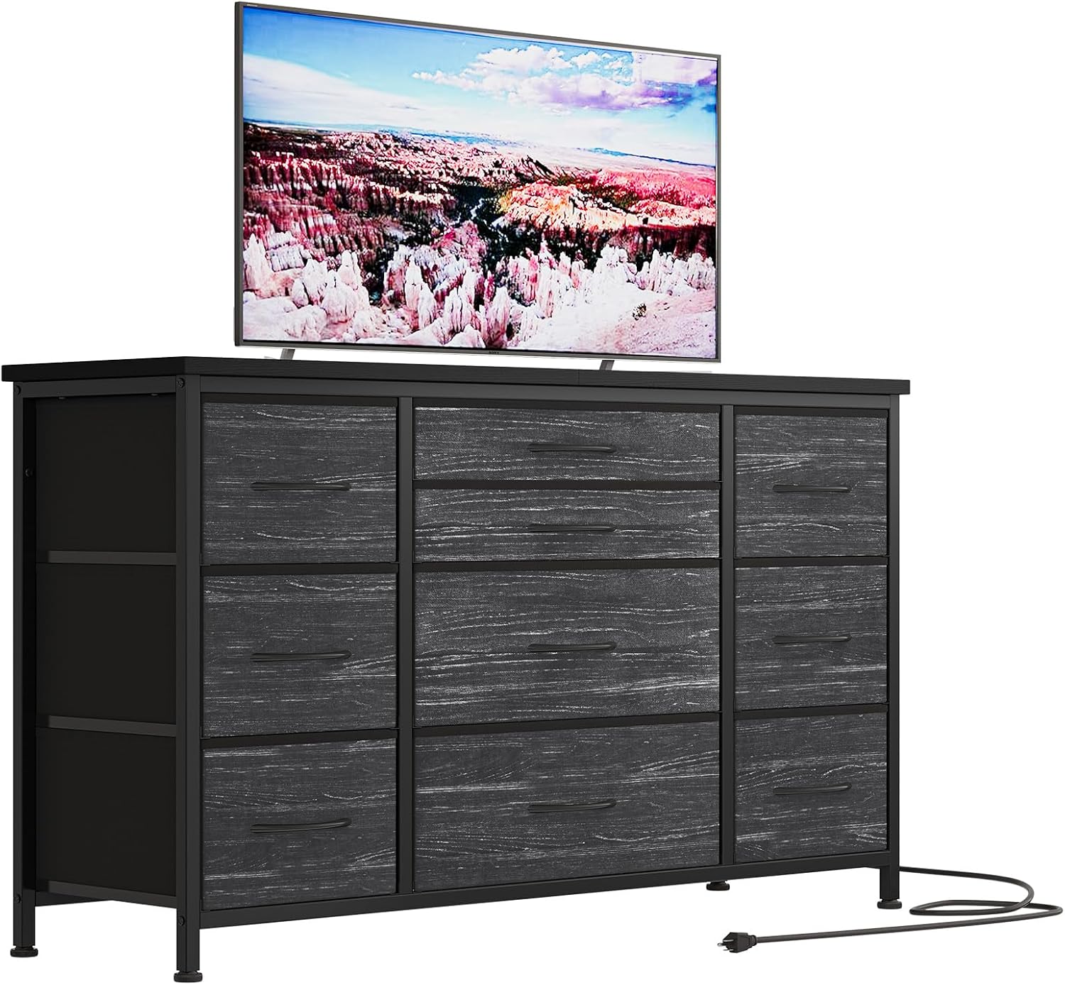 Jojoka Cómoda ancha con 10 cajones grandes para soporte de TV de 55 pulgadas de largo con centro de entretenimiento de toma de corriente, unidad de