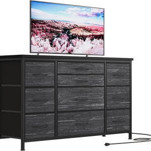 Jojoka Cómoda ancha con 10 cajones grandes para soporte de TV de 55 pulgadas de largo con centro de entretenimiento de toma de corriente, unidad de Jojoka Cómoda ancha con 10 cajones grandes para soporte de TV de 55 pulgadas de largo con centro de entretenimiento de toma de corriente, unidad de