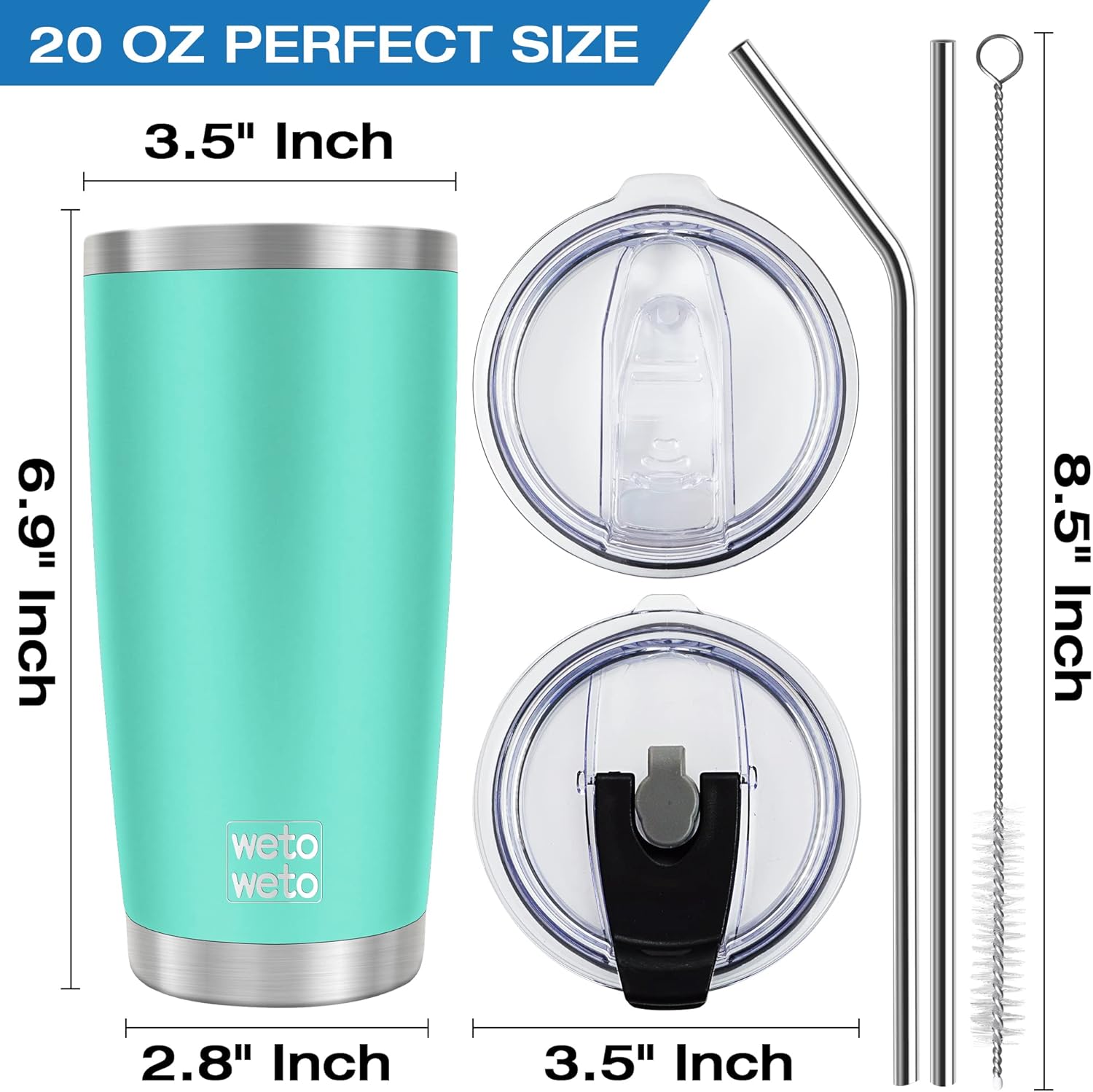 WETOWETO Vaso de 20 onzas con 2 tapas y 2 pajitas, vaso de café aislado al vacío de acero inoxidable, taza de viaje con recubrimiento de polvo de