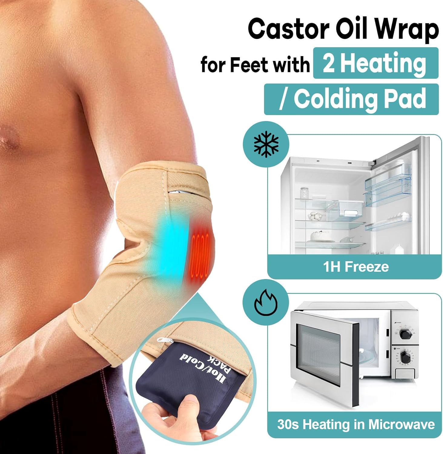 Paquete de aceite de ricino para rodilla, 2 piezas orgánicas para envoltura de aceite de ricino para pies con 2 almohadillas térmicas, kit de