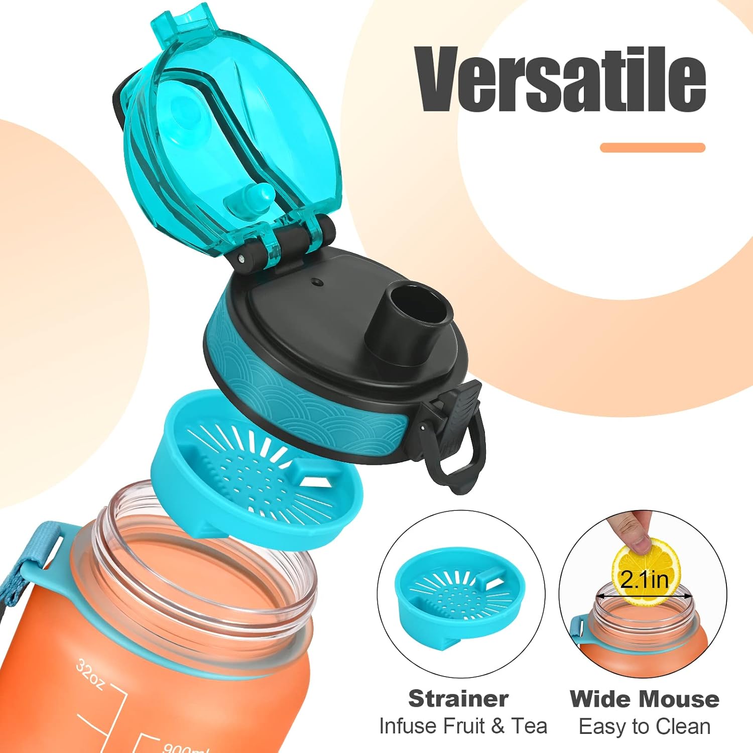 Botellas de agua de 32 onzas, botella de agua motivacional con marcador de tiempo, botella deportiva de Tritan a prueba de fugas con colador de