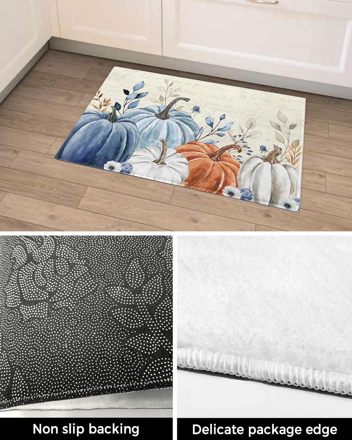 Elegant Pumpkins – Alfombra de baño antideslizante, suave, de pelo largo, peludo, de 16 x 24 pulgadas, vintage, azul, naranja, blanco, eucalipto,