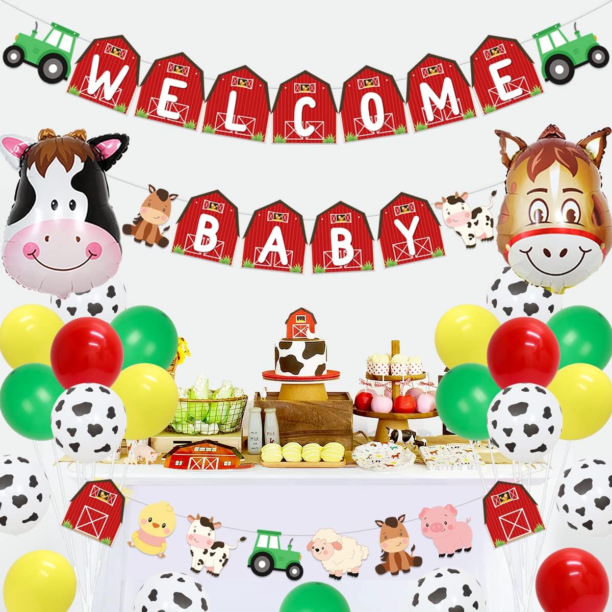 Decoraciones de baby shower de animales de granja para niños y niñas, guirnalda de globos rojos y amarillos, decoración de temática de granja,