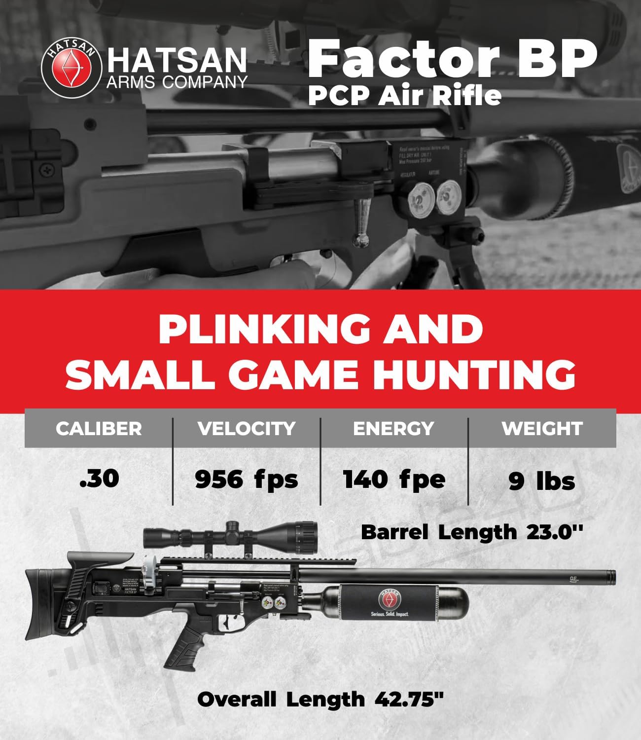 Hatsan Factor PCP – Rifle de aire de acción con palanca lateral con paquete Wearable4U incluido