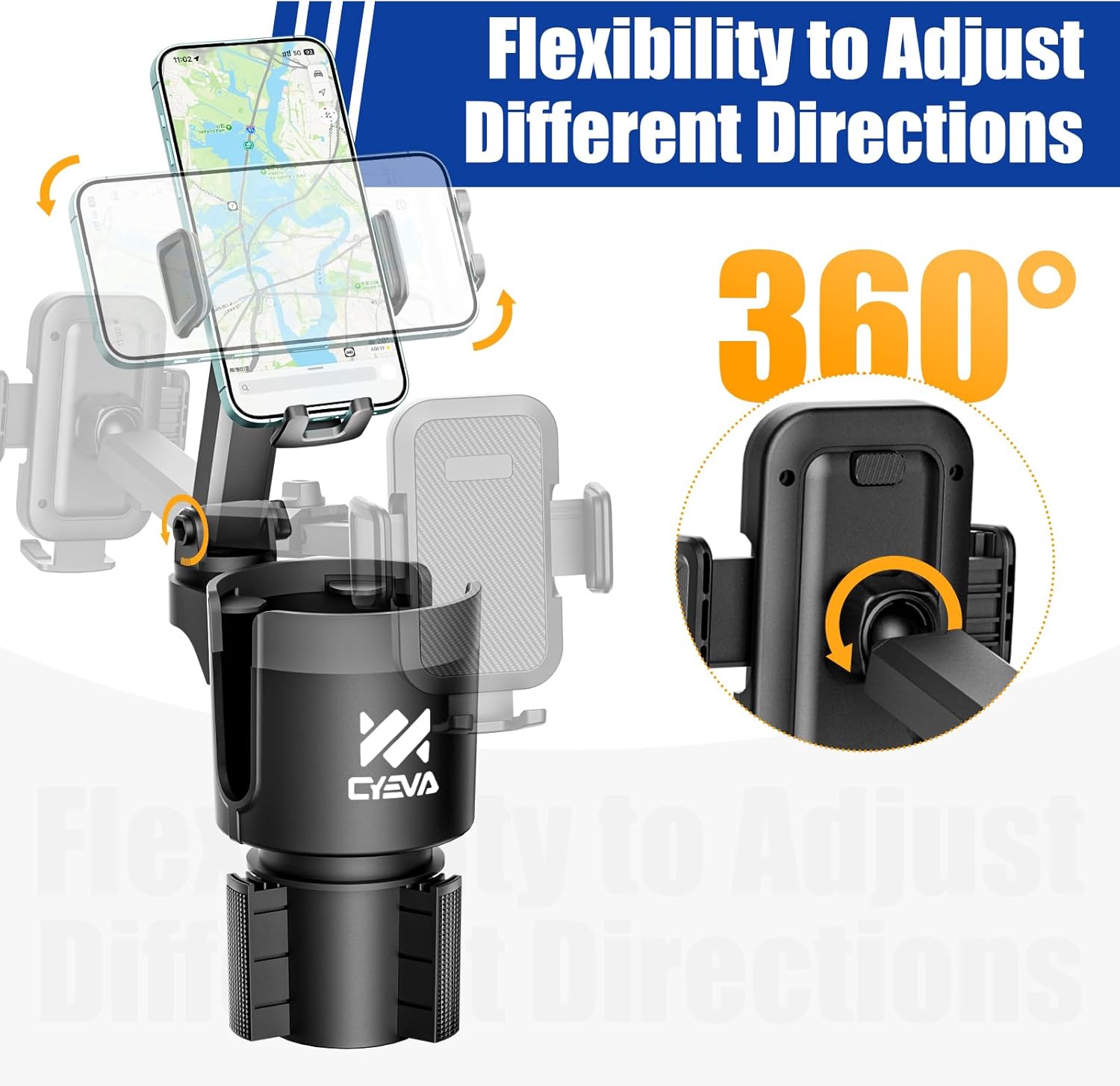Soporte de teléfono para automóvil, expansor de portavasos 2 en 1 para automóvil con rotación de 360 soporte de teléfono celular de brazo largo para